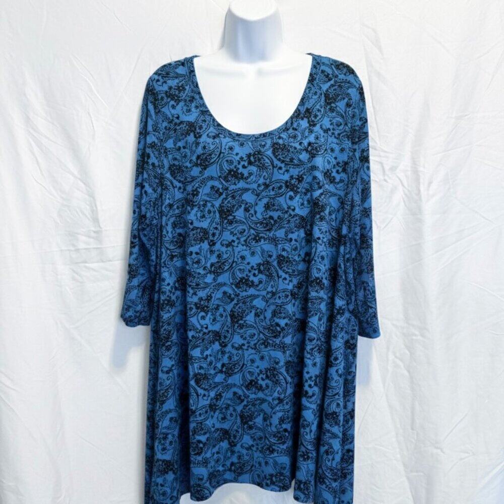 👚 Woman Within Turquoise and Black Paisley Sharkbite Tunic, 1X 22/24